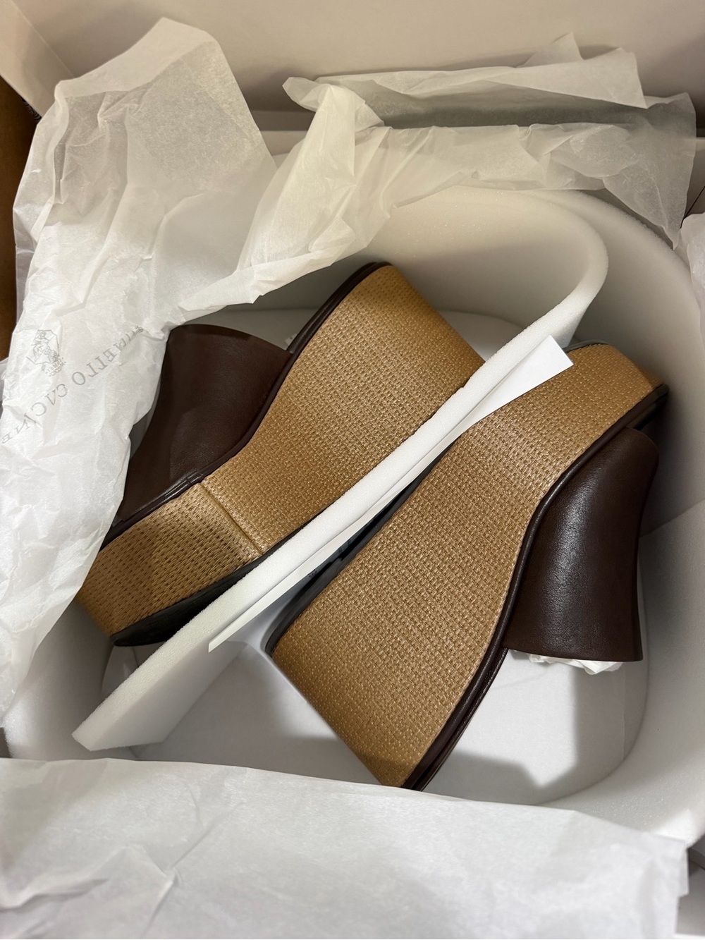 Brunello Cucinelli Brown Leather & Tan Raffia Platform Wedges